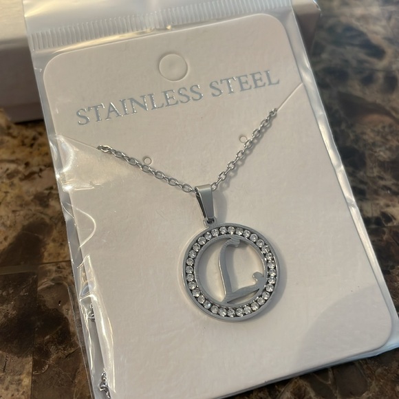 L Initial Rhinestone Silver Stainless Steel Necklace - Picture 3 of 6